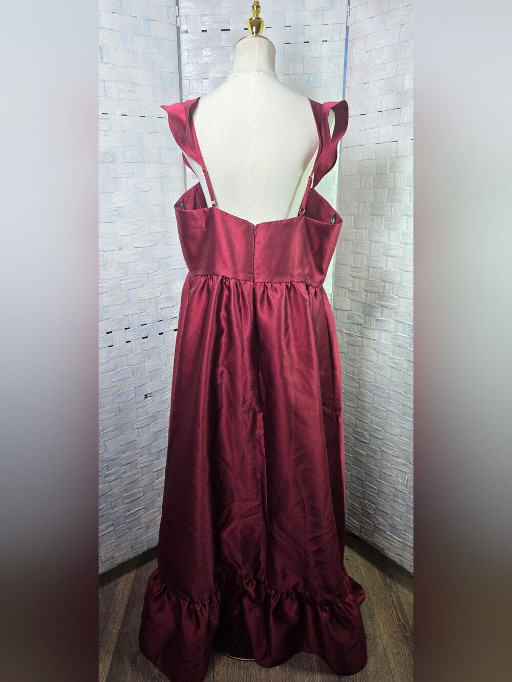 Dessy Collection Burgundy Satin Corset Gown with Slit - Picture 5 of 14